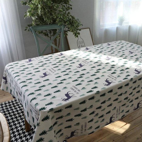 Linen Cotton Table Cloth with 2 Pillowcase Green Trees Christmas Wedding Banquet Washable Table - Click Image to Close