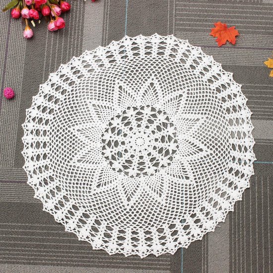 60cm Handmade Crochet Lace Placemat Doilies Cotton Round White Tablecloth Home Decor - Click Image to Close