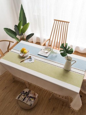 Stitching Tassel Tablecloth Cotton Linen Fabric Dust-Proof Table Cover for Kitchen Dinning Tabletop Decoration