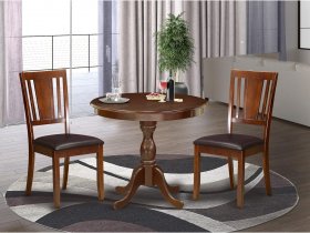 3 Piece Modern Set Contains a Round Kitchen Table with Pedestal and 2 Faux Leather Dining Room Chairs