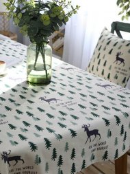 Linen Cotton Table Cloth with 2 Pillowcase Green Trees Christmas Wedding Banquet Washable Table