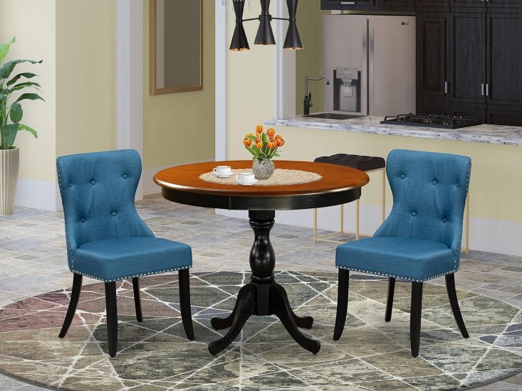 Round Kitchen Table with Pedestal and 2 Blue Linen Fabric Parson Dining Chairs - Click Image to Close