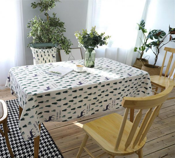 Linen Cotton Table Cloth with 2 Pillowcase Green Trees Christmas Wedding Banquet Washable Table - Click Image to Close