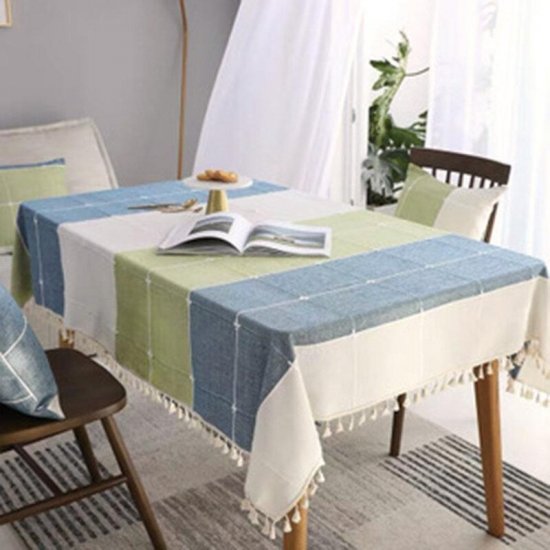 Stitching Tassel Tablecloth Cotton Linen Fabric Dust-Proof Table Cover for Kitchen Dinning Tabletop Decoration - Click Image to Close