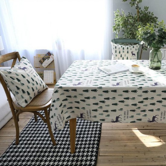 Linen Cotton Table Cloth with 2 Pillowcase Green Trees Christmas Wedding Banquet Washable Table - Click Image to Close