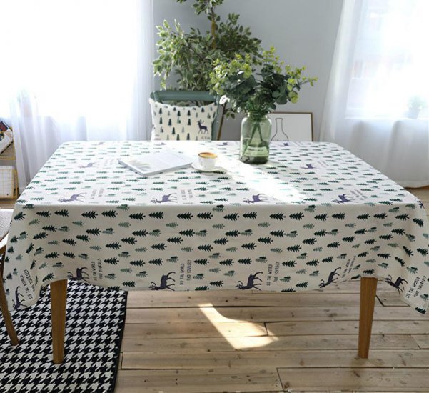 Linen Cotton Table Cloth with 2 Pillowcase Green Trees Christmas Wedding Banquet Washable Table - Click Image to Close