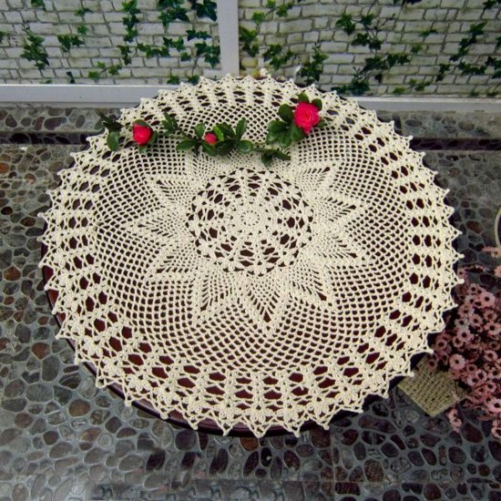 60cm Handmade Crochet Lace Placemat Doilies Cotton Round White Tablecloth Home Decor - Click Image to Close